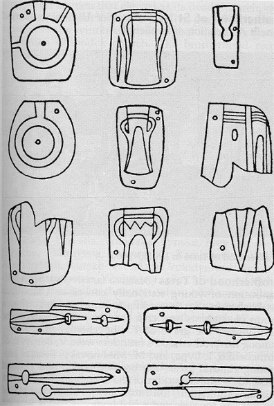 Image - Moulds for casting bronze objects from a settlement of the Sabatynivka culture , 1200 to 800 BC; drawing according to A. Dobrovolsky, 1950.